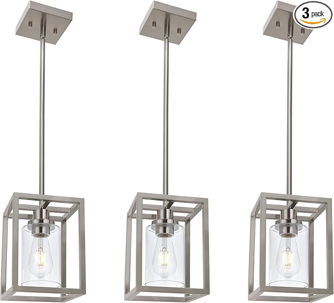 MELUCEE 3-Light Dining Table Light Sloped Ceiling Light Fixture with Clear Glass Shade, Brushed Nickel Pendant Lights Kitchen Island Adjustable Hanging Ceiling Lamp for Hallway Bathroom, 3 Pack