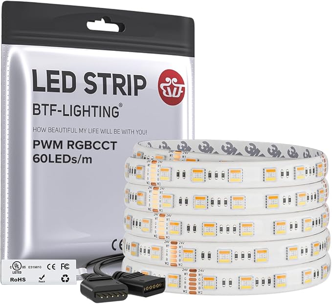 BTF-LIGHTING RGBCCT 5 Colors in 1 LED 5050SMD RGBWW RGB+Dimmable Tunable Color Temperature 2700K-6500K 16.4ft 60LEDs/m 300LEDs DC24V Multi-Colored Tape Lights IP65 White PCB(No Adapter or Controller)