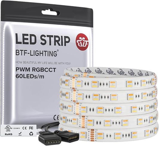 BTF-LIGHTING RGBCCT 5 Colors in 1 LED 5050SMD RGBWW RGB+Dimmable Tunable Color Temperature 2700K-6500K 16.4ft 60LEDs/m 300LEDs DC24V Multi-Colored Tape Lights IP65 White PCB(No Adapter or Controller)