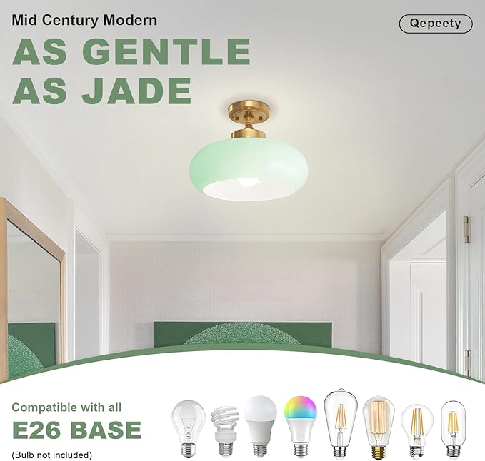 Mint Green Glass Semi Flush Mount Ceiling Light, 11.02" Mid Century Modern Gold Close to Ceiling Light Fixture, Vintage Ceiling Lamp for Bedroom Hallway Kitchen Entryway