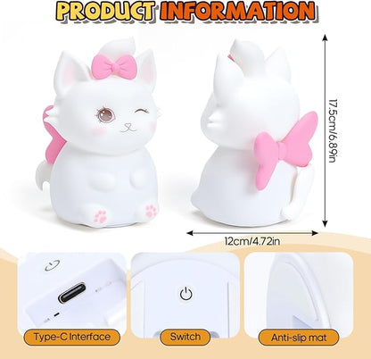 Cute Cat Night Light for Kids, 7 Color Changing & Dimmable, Super Squishy Silicone USB Rechargeable Lamp, Portable Nursery Light & Kawaii Gift for Baby, Boys, Girls & Adults, for Bedroom Decor