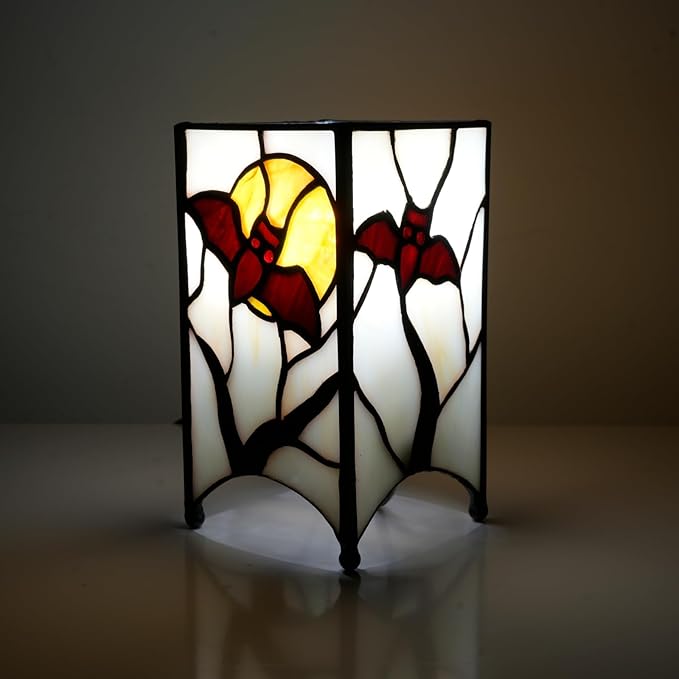 Tiffany Lamp Halloween Red Bat in Moon Small Bedside Lamp Antique Style Stained Glass Desk Light for Home Decor Boys Girls Christmas Halloween Gifts