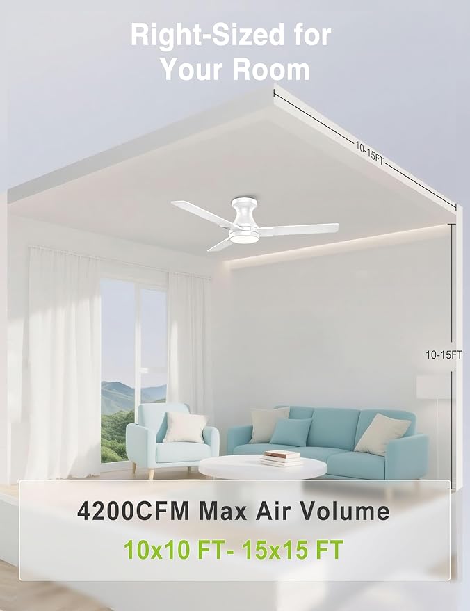 DAMINY 42 inch Ceiling Fans with Lights,3 Blades,6CCT, Low Profile Ceiling Fan with Light and Remote Control,Ceiling Fan for Bedroom, Kitchen,Indoor/Outdoor Use,Flush Mount-White