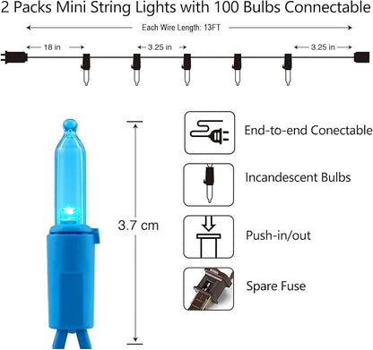 Vigdur 2 Pack 13ft 50 Count Outdoor String Lights on Blue Wire Cord, UL Approved for Indoor/Outdoors Use, Connectable 120V Clear Outdoor Lights for Xmas Patio Home Party Garden Decor(Blue)