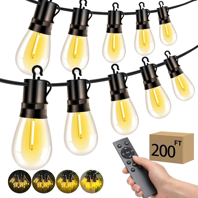 Outdoor Patio String Lights: S14 Shatterproof Bulb Outside Waterproof Light - 200FT 60M Remote Dimmable Connectable Hanging Outdoor Electric Lighting - Garden Backyard Yard Gazebo Porch Party