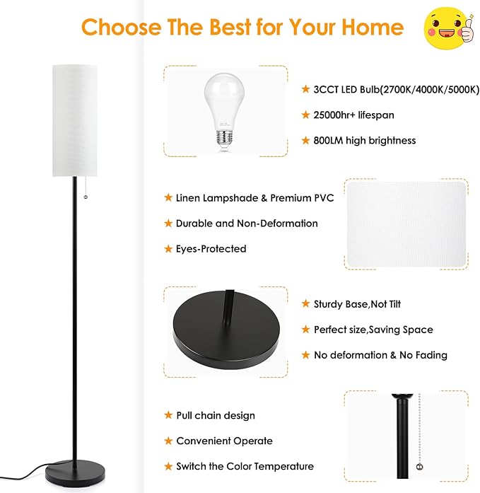 Coucrek Floor Lamp for Living Room, 3 Color Temperature Modern Standing Lamps, Minimalist Floor Lights for Bedroom, Office, Reading, White
