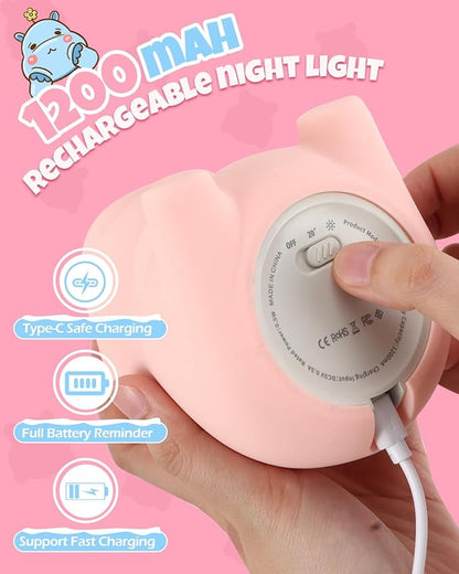 Cute Hippo Night Light, Animal Lamp, Food Grade Silicone, Rechargeable, 2 Level Dimmable, Squishy Nursery Nightlight for Desk Decor, Funny Gifts Stuff for Boys Girls Baby, White Elephant Gifts