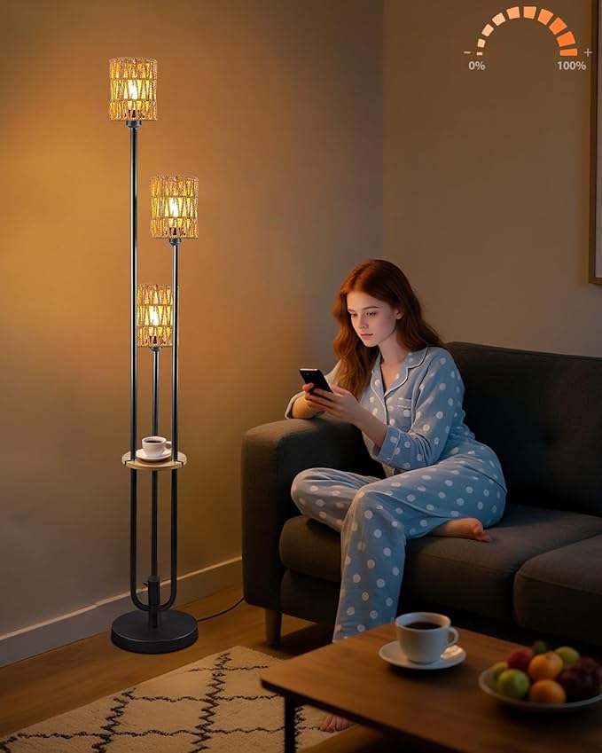 63IN Dimmable Floor Lamp with Shelf, Black Rattan Tall Standing Lamps Candle Holder Style, 3000K Warmwhite Mid Century Modern Floor Lamp with 5Lbs Heavy Base for Living Room (Bulbs Included)