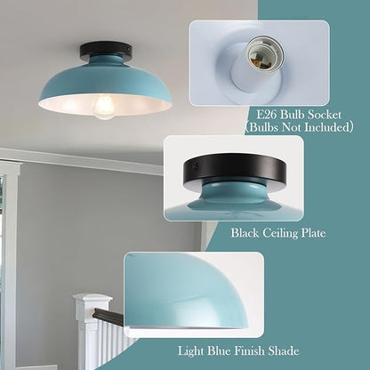 Semi Flush Mount Ceiling Lights, 12 Inch Metal Small Ceiling Light for Kids Room Industrial Close to Ceiling Light Fixtures with Light Blue Shade for Entryway Kitchen Hallway Bedroom Bathroom Laundry