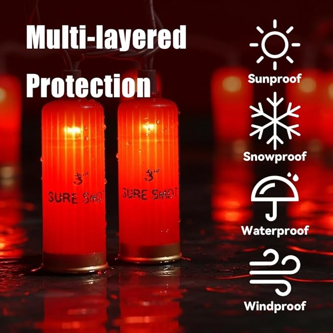 8.5FT LED Shotgun Shell String Lights with 10 Red Novelty 3D Bullets Holiday Decor for Christmas,Mexican Fiesta,Summer Parties,Indoor/Outdoor Patio Decor (Green Wire)