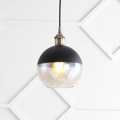 JONATHAN Y 7.5" Brass Gold/Black Mid-Century Modern Globe Pendant Light, Adjustable LED Hanging Ceiling Fixture, Champagne Smoked Glass Shade for Kitchen Island JYL3513A