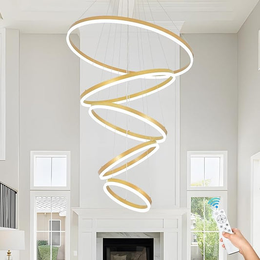 5 Rings Modern LED Chandelier Gold Large High Ceiling Chandeliers with Remote Control Contemporary Pendant Light Dimmable for Staircase Entryway Living Room Foyer Villa(3000K-6500K D31.5)