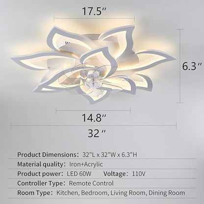 32inch White Flower Modern Ceiling Fans with Lights, Low Profile Ceiling Fan with Remote for Bedroom, Flush Mount Ceiling Fan with LED Dimmable Light,6-Speeds, Timing Ceiling Fan Light