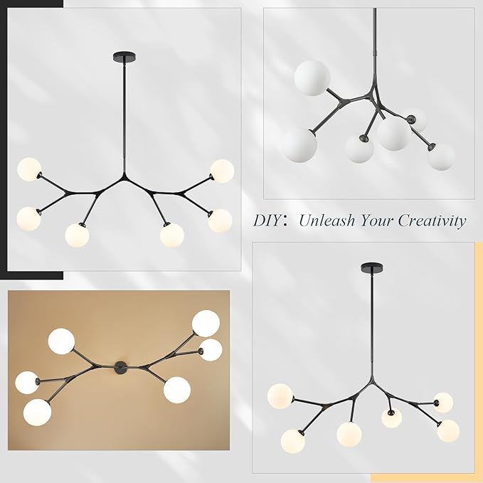 6 Lights Sputnik Chandelier for Dining Room L45’’ Black Modern Pendant Light Fixture with Milk Glass Shade Large Mid Century Chandeliers for Kitchen Island Living Room Foyer