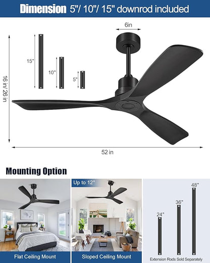 Ceiling Fans With Remote Control, Outdoor Ceiling Fan for Patios Indoor, 3 Downrods, 3 Blades, Timer, 6 Speed Reversible Quiet DC Motor Modern Fan Solid Wood Fan,52in, Matte Black