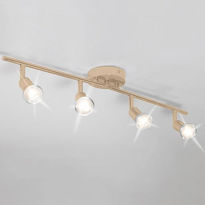 Qcyuui Modern 4-Light Track Lighting Kit, Flush Mount Gold Finish Ceiling Spot Lights Fixture, LED Track Light with Gold Flexibly Rotatable Light Head for Kitchen, Living Room, 4GU10 Bulb (Included)