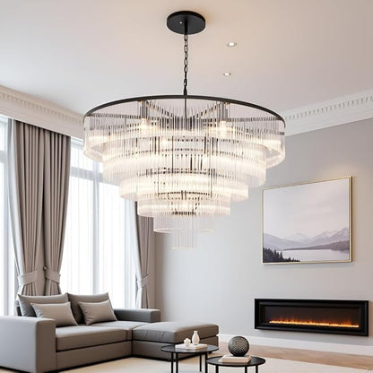 Modern Multi-Tier Crystal Chandelier 6-Tier Round Black Finish Ceiling Light -Cylindrical Glass Rods -Dining Room Living Room Bedroom Entryway -Luxury Lighting Fixture 35.5''