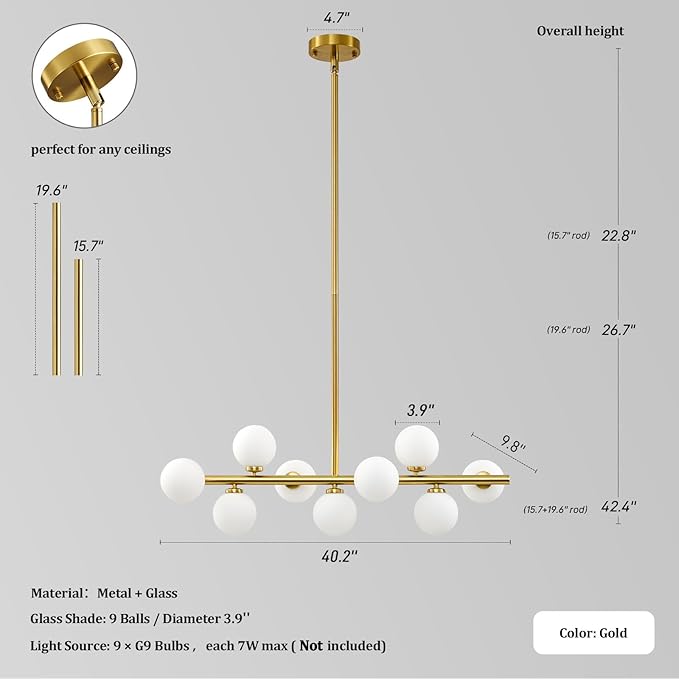 Mid Century Modern Sputnik Chandeliers: 9-Light Linear Brass Gold Dining Room Light Fixture - 40" Long Milk White Glass Globe Modern Pendant Chandelier Lighting for Living Room Kitchen Island Table