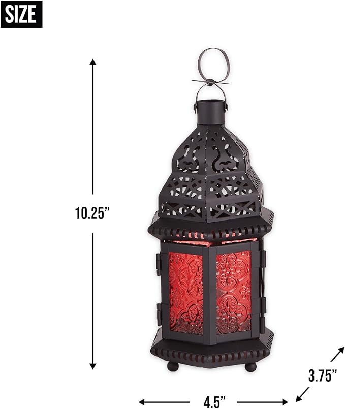 Zingz & Thingz Moroccan Style Candle Lantern Holder, Decorative Light Home Decor, Indoor & Outdoor, 10.25" Tall, Black with Red Glass