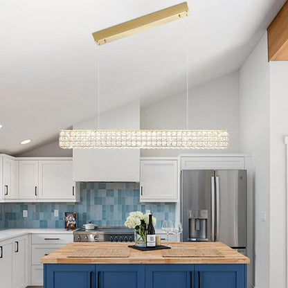 ykolupty Rectangle Crystal Chandelier Modern Gold Crystal Chandelier Rectangular Pendant Lighting Fixture for Dining Room Kitchen Island Bedroom (L 40")