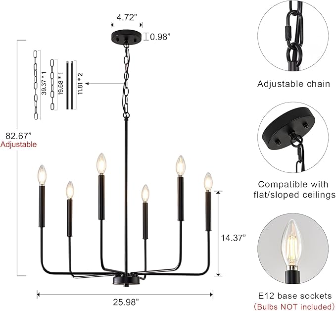 Black Chandelier, Modern Farmhouse Dining Room Light Fixture 6-Light Chandelier with Chain, Metal Hanging Lighting Fixtures Candle Dining Lights for Kitchen, Living Room, Bedroom, Foyer