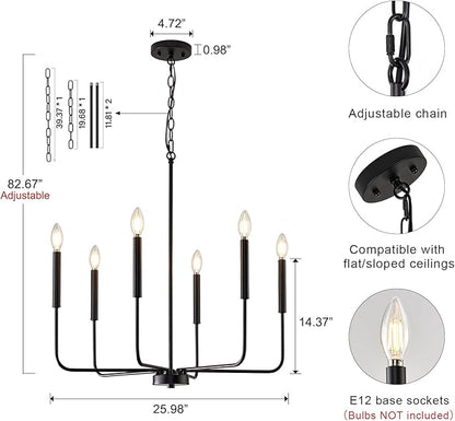 Black Chandelier, Modern Farmhouse Dining Room Light Fixture 6-Light Chandelier with Chain, Metal Hanging Lighting Fixtures Candle Dining Lights for Kitchen, Living Room, Bedroom, Foyer