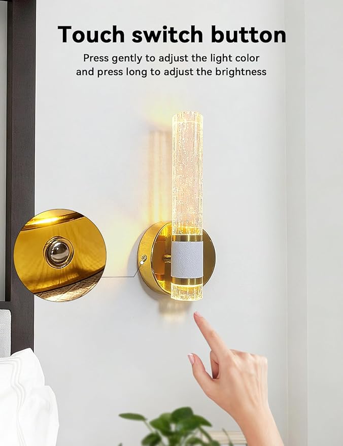 Gold Battery Operated Wall Sconces Set of Two, Dimmable Timer Wall Lamp Wireless Rechargeable Wall Light for Home Decor Living Room Bedroom Bedside Study Room Bathroom
