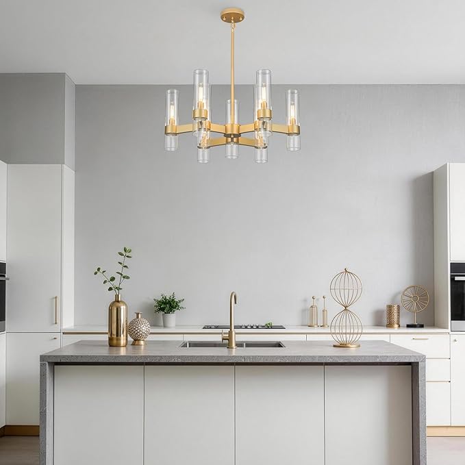 LIGHTDAMY Gold Chandelier,9 Light Farmhouse Chandeliers for Dining Room Light Fixtures Over Table,Kitchen Hanging Lighting with Clear Glass Class for Living Room Kitchen Island Hallway Foyer 28"