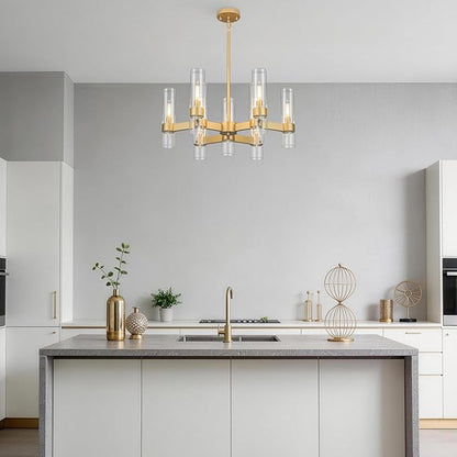 LIGHTDAMY Gold Chandelier,9 Light Farmhouse Chandeliers for Dining Room Light Fixtures Over Table,Kitchen Hanging Lighting with Clear Glass Class for Living Room Kitchen Island Hallway Foyer 28"