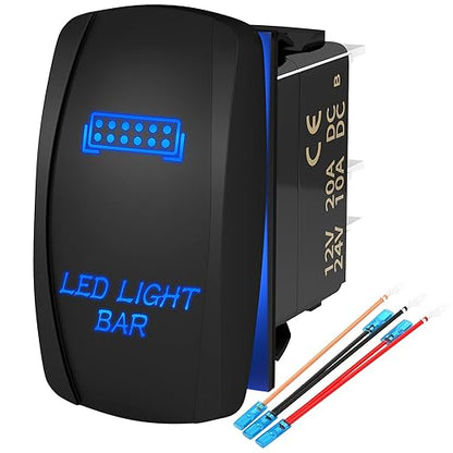 LED Light Bar Switch ON/Off 5 Pin Laser Marine Rocker Switch Waterproof 12V 20A 24V 10A Blue LED Light Bar Toggle Switch with Jumper Wires for Car Boat ATV UTV RZR