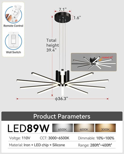 Modern Led Chandelier, Dimmable Sputnik Light Fixture with Remote Control, Modern Pendant Light for Dining Room Kitchen Living Room Entryway, 3000K-6500K (Black)
