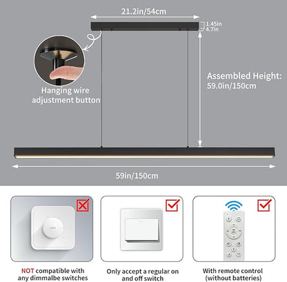 Modern LED Linear Pendant Light, 59IN Ceiling Chandlier Light Fixtures Hanging with Remote Control 3000k-6500K Adjustable Color Temperature Island Light for Dining Room, Kitchen