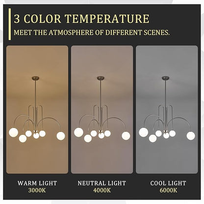 Brushed Nickel Sputnik Chandelier,Modern 6 Lights Chandelier Large L40”Mid Century Long Ceiling Pendant Light Fixtures for Dining Room with Milk Glass Globe Shades for High Ceiling Foyer Living Room