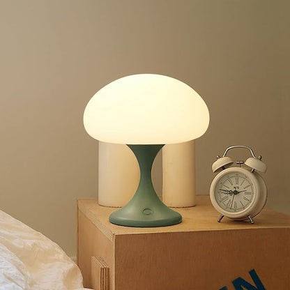 MAGCHARM Mushroom Lamp, 5W LED Cordless Rechargeable Table Lamp with Glass Shade, Small Retro Dimmable Touch Light with 3 Color Temps, Aesthetic Mid Century Bedside Light for Bedroom Ambient, Green