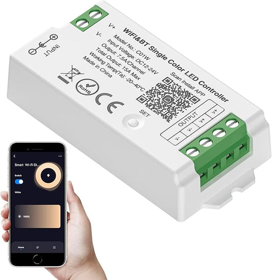 SEZO C01W WiFi Bluetooth Single Color LED Strip Controller Group Control Support Tuya Smart Life APP/Voice Control Compatible with LM091 LM096 LM007 LM097 Single Color Remote DC12-24V