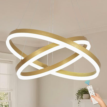 2 Rings Modern LED Chandelier Gold High Ceiling Ring Chandeliers with Remote Control Circular Pendant Light Dimmable for Dining Room Living Room Bedroom Hallway Kitchen Island 3000K-6500K