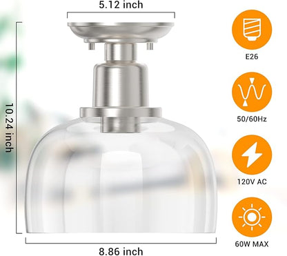 EAPUDUN Semi Flush Mount Ceiling Light, Modern Light Fixture with Clear Glass Shade, Brushed Nickel Finish for Hallway Corridor Kitchen Bathroom Bedroom Passway, FMA1123-BNK