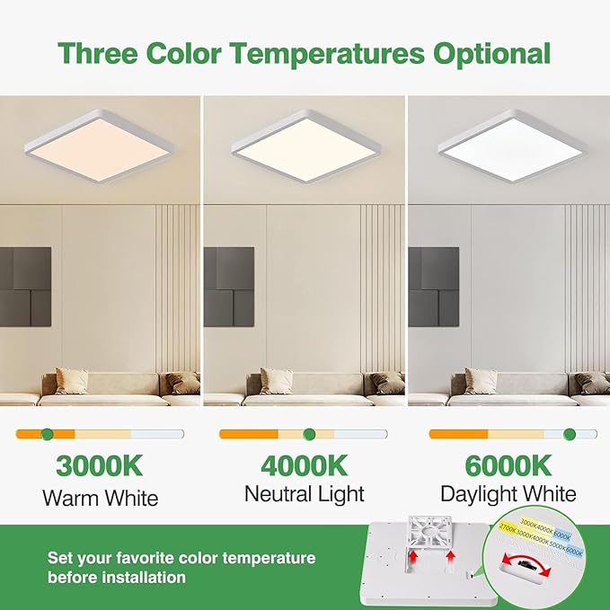 20 Inch Large LED Flush Mount Ceiling Light, 45W, 4500LM, Non-dimmable, 3000K/4000K/6000K CCT Selectable, White Square Flat Panel Light, Low Profile, Fits Hallway, Kitchen, Bedroom, Laundry Room