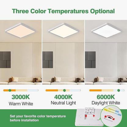 20 Inch Large LED Flush Mount Ceiling Light, 45W, 4500LM, Non-dimmable, 3000K/4000K/6000K CCT Selectable, White Square Flat Panel Light, Low Profile, Fits Hallway, Kitchen, Bedroom, Laundry Room