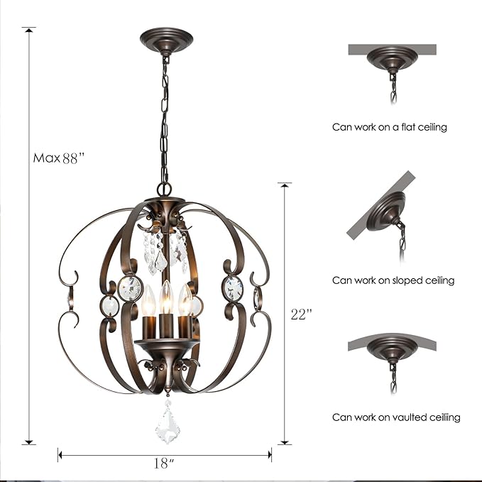 Farmhouse Crystal Chandeliers for Dining Room Light Fixture, 3-Light 18 Inch Candle Bronze Crystal Chandelier for Kitchen Island, Living Room, Foyer, Staircase, Villa