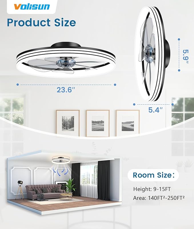 VOLISUN Low Profile Ceiling Fans with Lights and Remote, 24in Flush Mount Ceiling Fan with Light, 3000K-6500K Dimmable Fandelier LED Fan Light, Black Bladeless Ceiling Fans with Lights for Bedroom