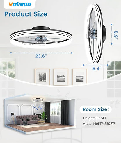 VOLISUN Low Profile Ceiling Fans with Lights and Remote, 24in Flush Mount Ceiling Fan with Light, 3000K-6500K Dimmable Fandelier LED Fan Light, Black Bladeless Ceiling Fans with Lights for Bedroom