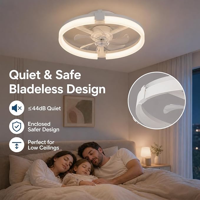 19" Low Profile Ceiling Fan with Lights and Remote, Modern White Flush Mount Bladeless Ceiling Fan, App Control Smart Fandelier, 6 Speeds Reversible Motor, Dimmable LED Fan Light for Bedroom, Kitchen