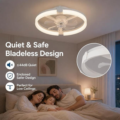 19" Low Profile Ceiling Fan with Lights and Remote, Modern White Flush Mount Bladeless Ceiling Fan, App Control Smart Fandelier, 6 Speeds Reversible Motor, Dimmable LED Fan Light for Bedroom, Kitchen
