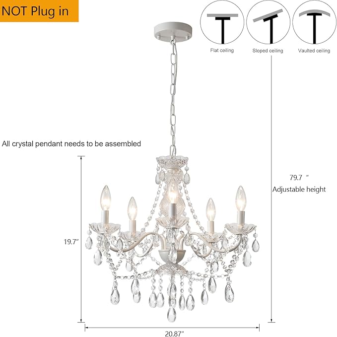 AMZASA Crystal White Chandelier, Ceramic White Hanging Pendant Light,Crystals Pendant and Glass Dish,5 Light Crystal Chandeliers for Ceiling Medallions,Wedding,Dining,Kitchen, Foyer,Mini
