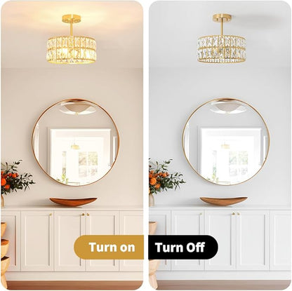 Brushed Gold Crystal Ceiling Light, Modern Semi Flush Mount Ceiling Lighting, Hallway Lighting Fixtures, Small Chandelier Light Fixture for Kitchen Entryway Bedroom Dining Room, 3-Light, 12 Inch