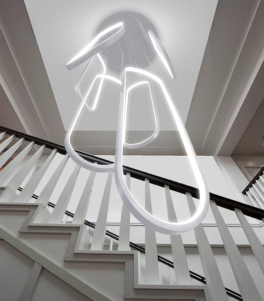 6 Rings Modern Chandelier LED Dimmable Pendant Lighting High Ceiling Chandelier for Entrance Foyer Lobby Staircaes Sliver 118''