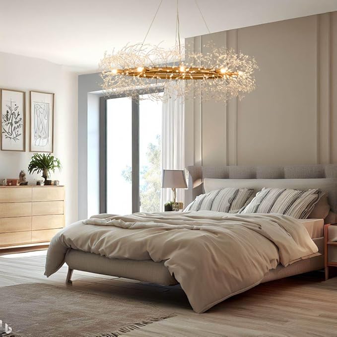 Gold Crystal Chandeliers Round,39" Modern Crystal Dining Room Chandeliers Light Fixtures,Large Firework Chandelier Lighting for Master Bedroom Living Room,Pendant Light for Entryway,Kitchen