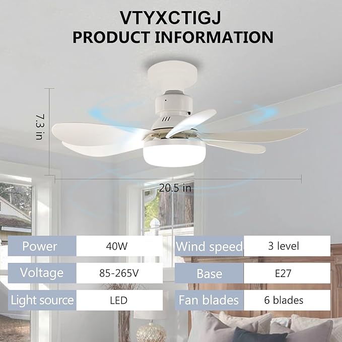 Socket Fan Light with Remote, Portable Small Ceiling Fans with Lights Bulb for Bedroom, Kitchen, Living Room, 20" Screw in Ceiling Fan in Light Socket for E26 Base 40W/3000K-6000K Dimmable