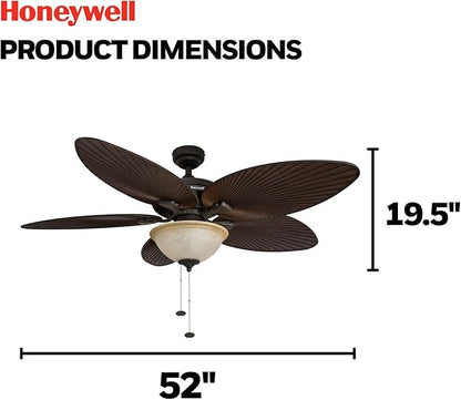 Honeywell Ceiling Fans Palm Island 52 Inch Ceiling Fan With Light, Indoor/Outdoor Ceiling Fan with Pull Chain, Tropical LED Dual-Mount 5 Palm Leaf Blade Design, ETL Damp Rated, Bronze (50202-01)